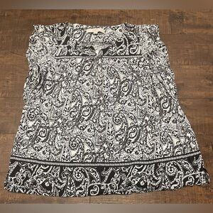 LOFT Pullover Short Flutter Sleeve Blouse Black White Paisley Petite LARGE Boho